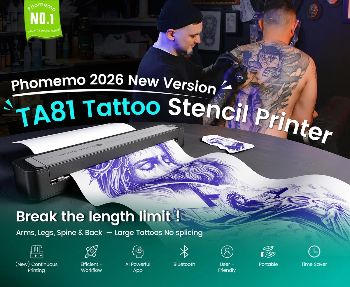 Phomemo TA81 in use at a professional tattoo studio
