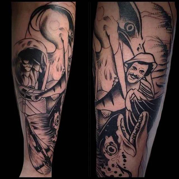 Blackwork Fish, Bird tattoo on Forearm