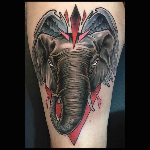 Realism Elephant, Wings tattoo on Thigh