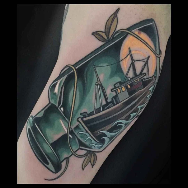 Neo Traditional Boat, Bottle tattoo on Forearm
