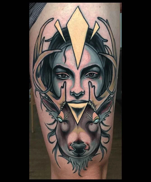 Neo Traditional Face, Deer tattoo on Thigh