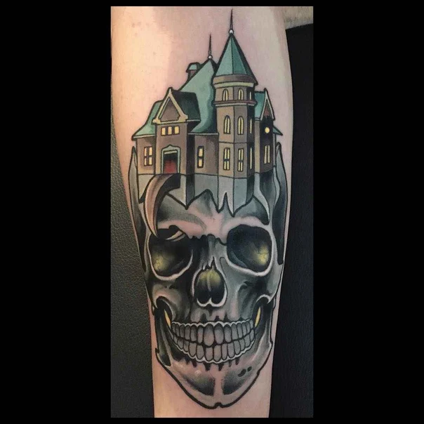 Neo Traditional Skull, House tattoo on Forearm