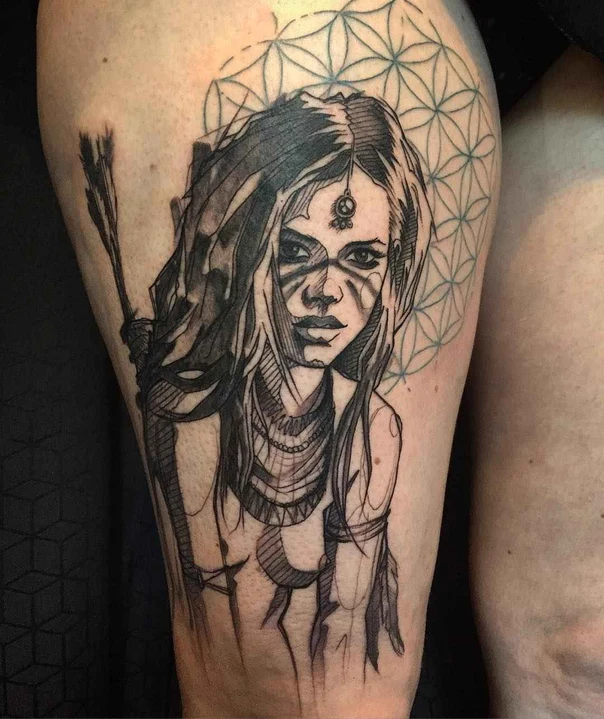 Sketch Woman, Arrow tattoo on Thigh