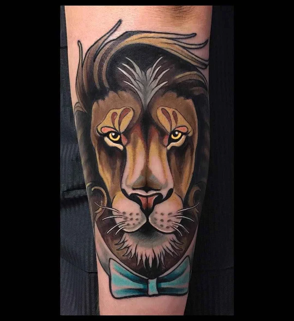 Neo Traditional Lion, Bow tie tattoo on Forearm