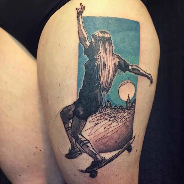 Illustrative Figure, Skateboard tattoo on Thigh
