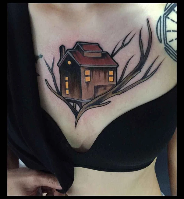 Illustrative House, Tree tattoo on Chest