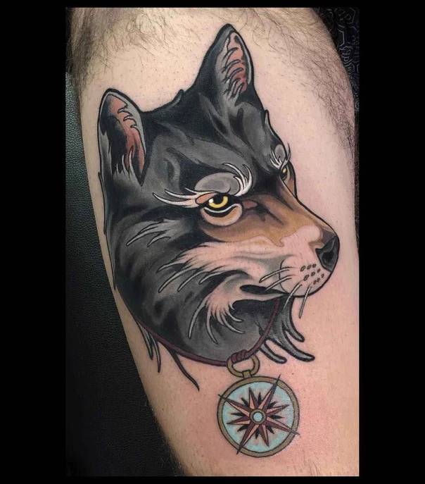 Neo Traditional Wolf, Compass tattoo on Forearm
