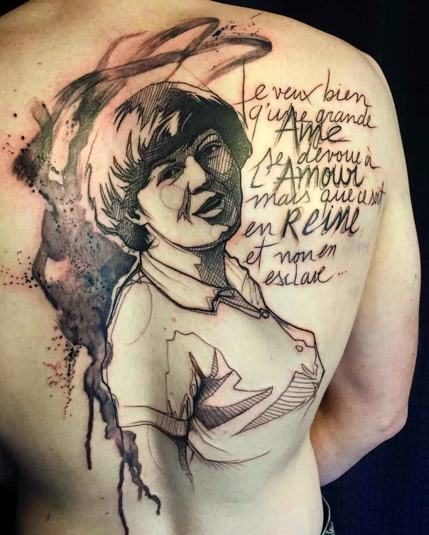 Sketch Portrait, Lettering tattoo on Upper Back