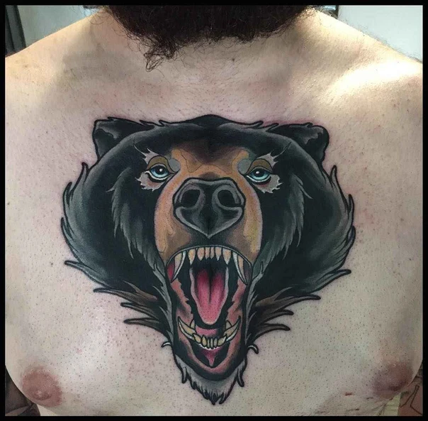 Neo Traditional Bear tattoo on Chest