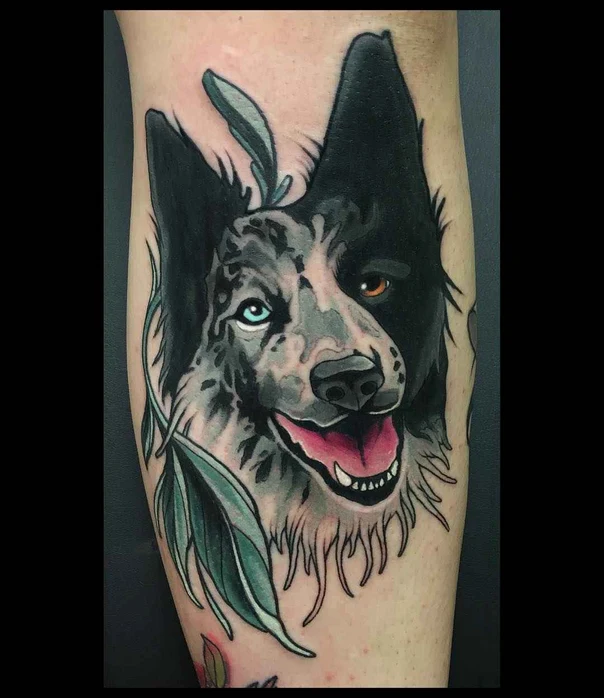 Realism Dog, Botanic tattoo on Calf