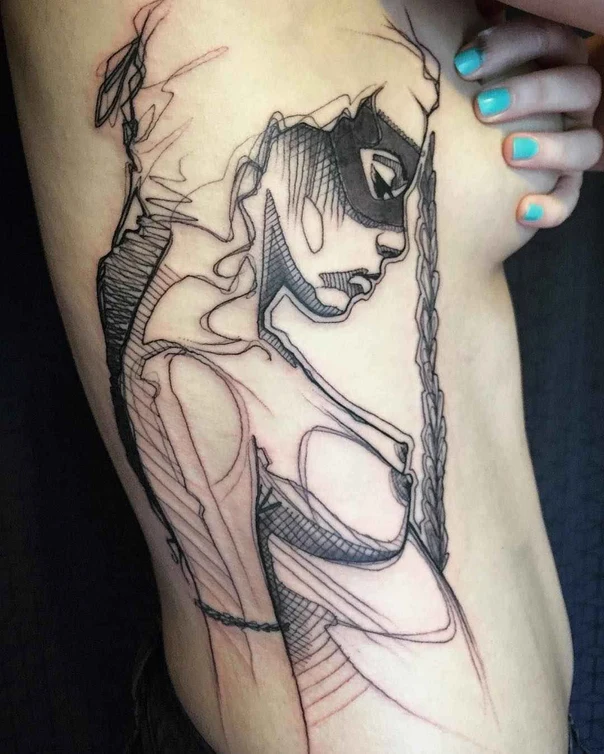 Sketch Figure, Mask tattoo on Ribcage
