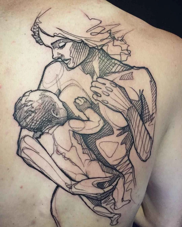 Sketch Mother, Child tattoo on Upper Back