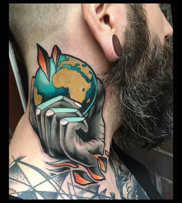 Neo Traditional Globe, Hand tattoo on Neck