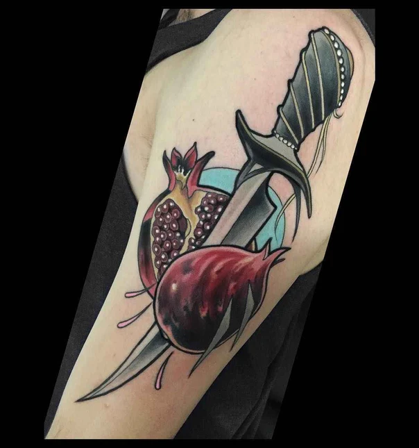 Neo Traditional Dagger, Pomegranate tattoo on Forearm