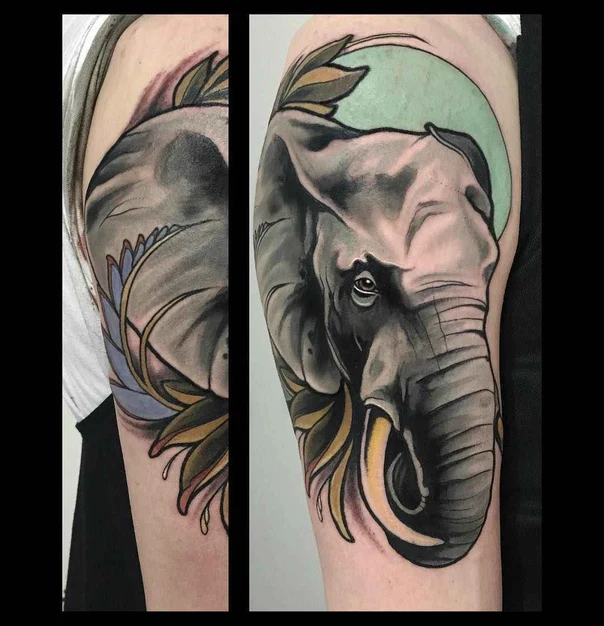 Realism Elephant, Floral tattoo on Upper Arm