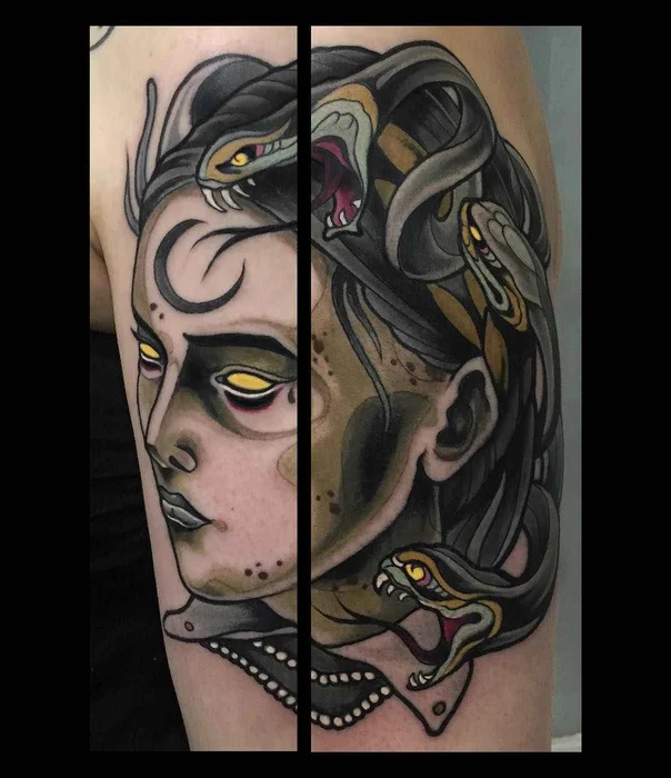 Neo Traditional Medusa, Snake tattoo on Upper Arm