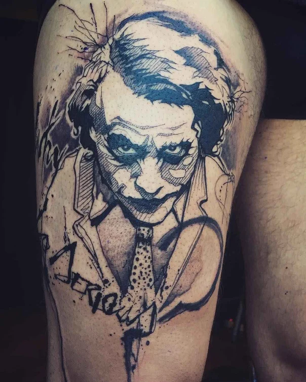 Sketch Portrait, Joker tattoo on Thigh