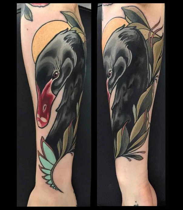Neo Traditional Swan, Leaves tattoo on Forearm