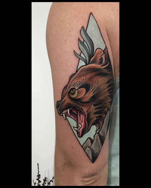 Neo Traditional Bear, Mountains tattoo on Upper Arm