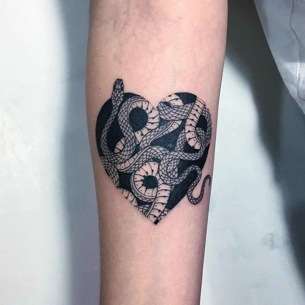 Blackwork Snake, Heart tattoo on Forearm