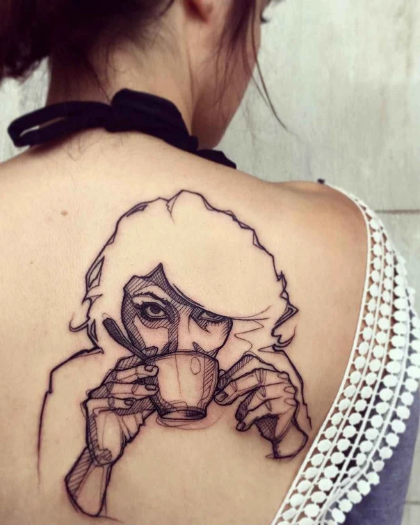 Sketch Portrait, Cup tattoo on Shoulder Blade