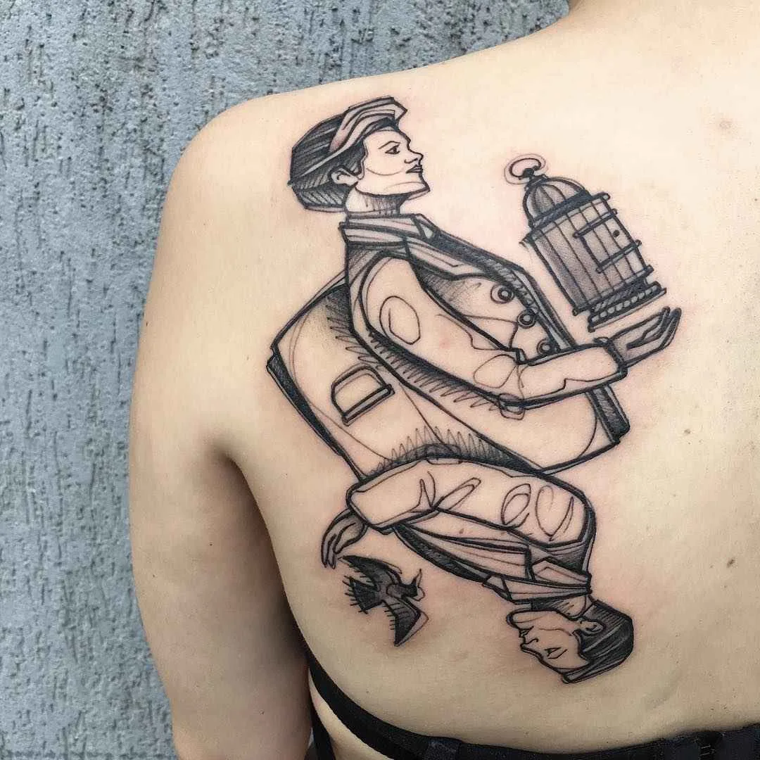 Tatuatore Luca Testadiferro disegno a colori tatuaggio a tratto