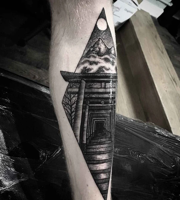 Blackwork Mountain, Landscape tattoo on Forearm