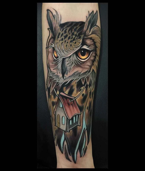 Neo Traditional Owl, House tattoo on Forearm