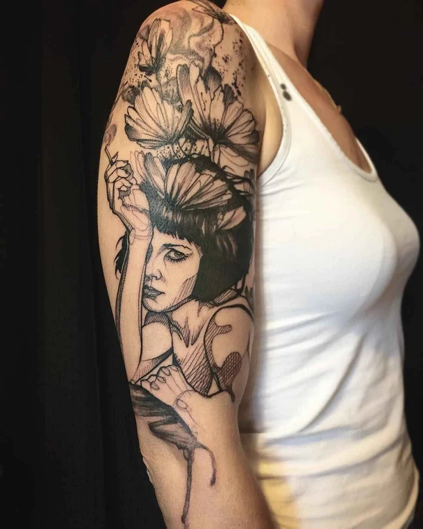 Sketch Portrait, Flowers tattoo on Full Sleeve