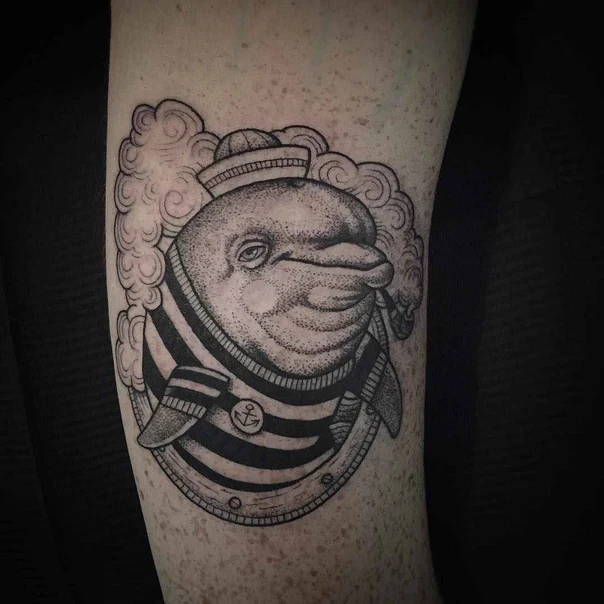 Black & Grey Dolphin, Sailor tattoo on Forearm