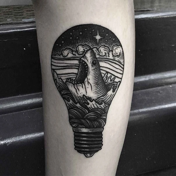 Blackwork Shark, Lightbulb tattoo on Forearm