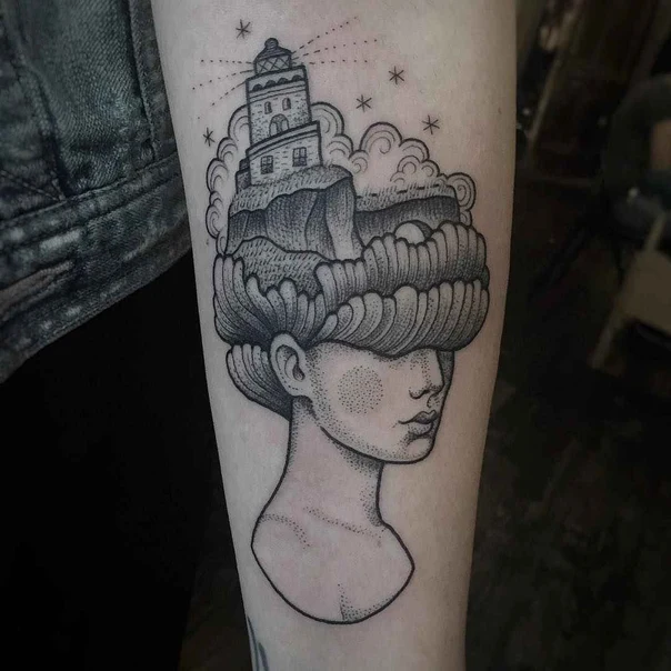 Blackwork Lighthouse, Portrait tattoo on Forearm