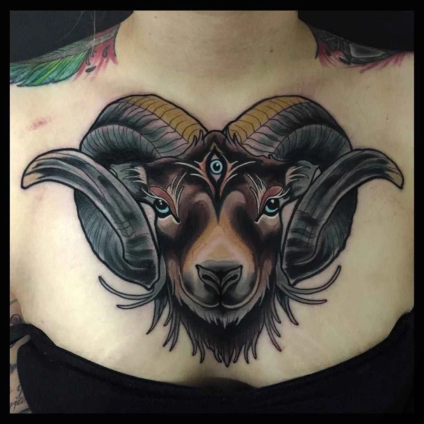 Neo Traditional Ram, Eye tattoo on Chest