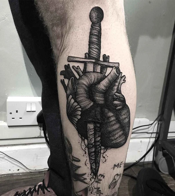 Blackwork Heart, Sword tattoo on Calf