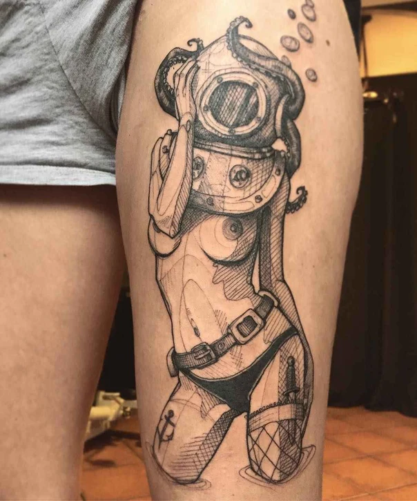 Blackwork Diver, Octopus tattoo on Thigh