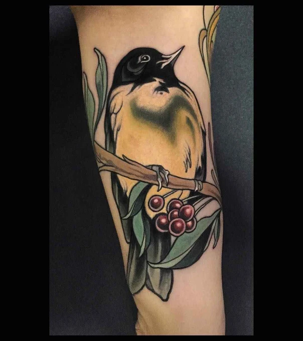Traditional Bird, Botanic tattoo on Forearm