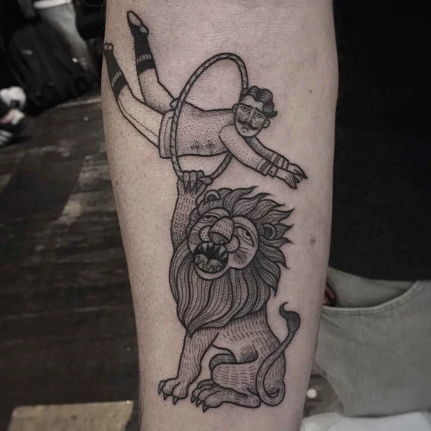 Blackwork Lion, Circus tattoo on Forearm