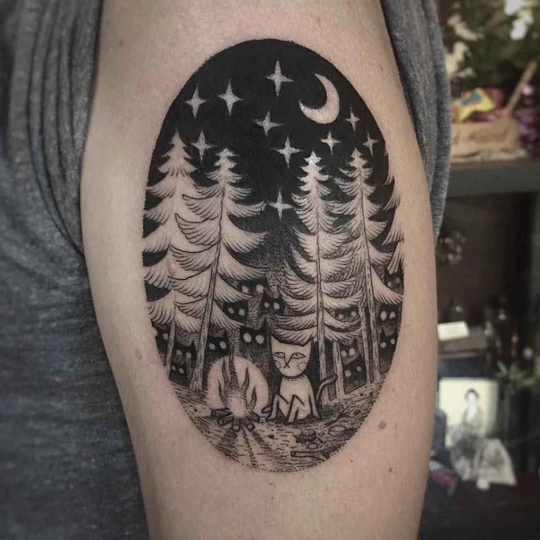 Blackwork Forest, Cat tattoo on Bicep