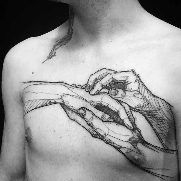 Sketch Hands, Feather tattoo on Chest
