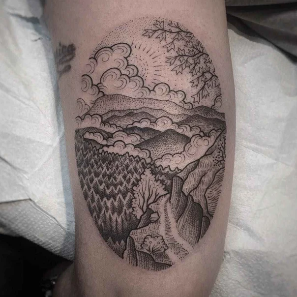 Linework Landscape, Mountains tattoo on Forearm