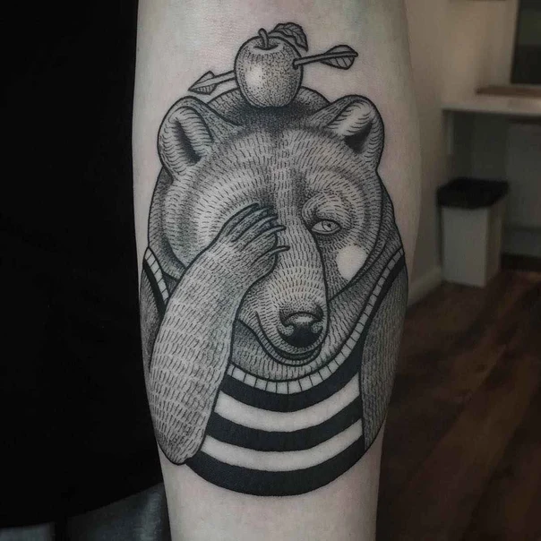 Black & Grey Bear, Apple tattoo on Forearm