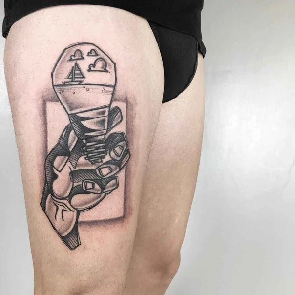 Black & Grey Lightbulb, Hand tattoo on Thigh