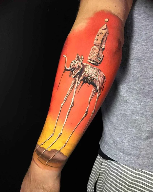 Surrealism Elephant, Landscape tattoo on Forearm