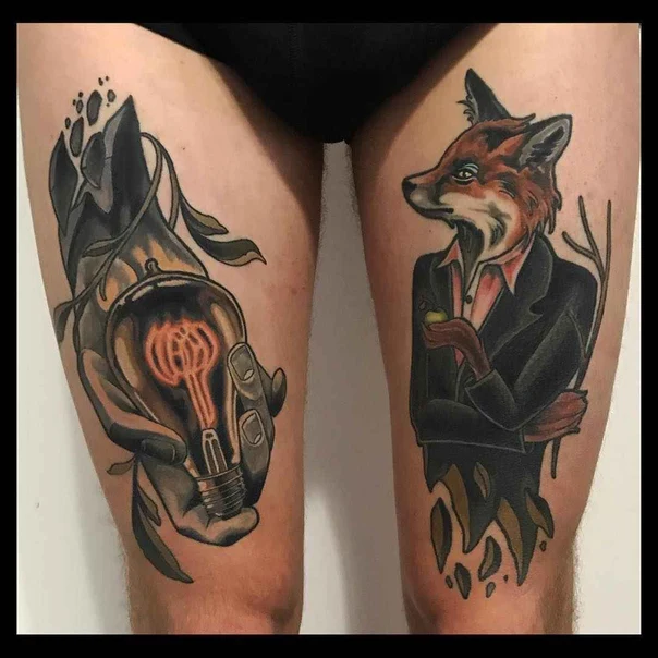 Illustrative Fox, Lightbulb tattoo on Thigh