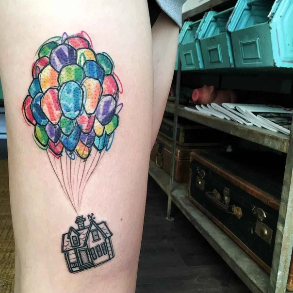Watercolor Balloons, House tattoo on Thigh