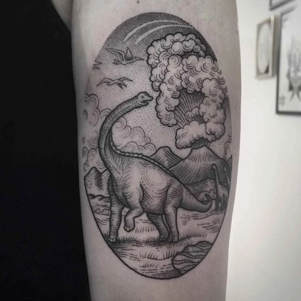 Blackwork Dinosaur, Landscape tattoo on Forearm