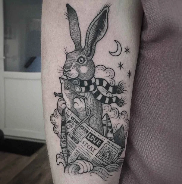 Illustrative Rabbit, Fish tattoo on Forearm