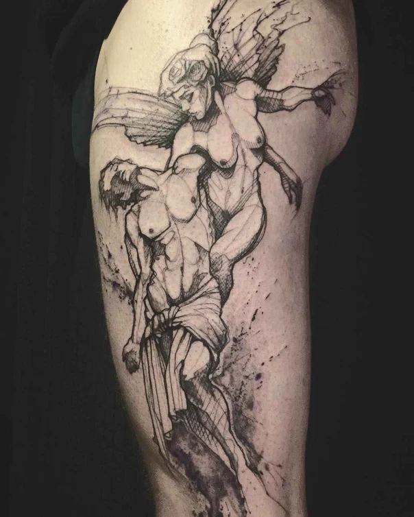 Sketch Angel, Figure tattoo on Thigh