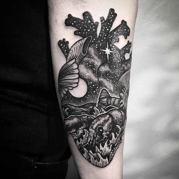 Blackwork Heart, Space tattoo on Forearm