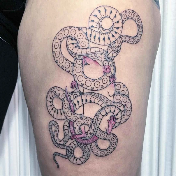 Linework Snake tattoo on Thigh